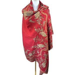 Petrusse Pure New Wool Shawl‎ Scarf Red Floral Paisley Made in France